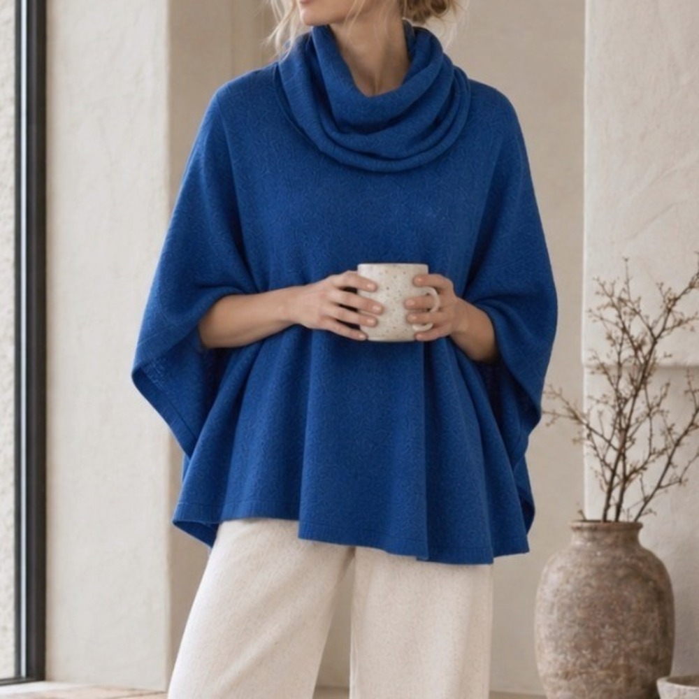 Pure Collection Cashmere Cowl Neck Blue Poncho Sweater Large Luxury Drape Scandi